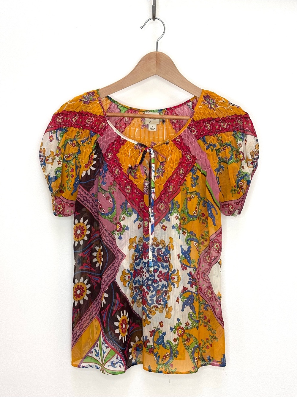 Yvos Boho Patchwork Print Smocked Top Sheer Chiffon Short Sleeve Colorful Medium